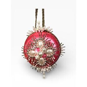 Pink Silver Push Pin Satin Ornament Handmade VTG Beaded Sequins Christmas Pearls
